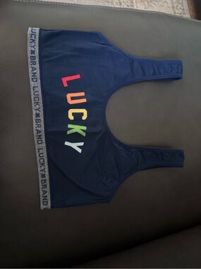 Lucky Brand Navy Racerback Sports Bra with Rainbow Lettering